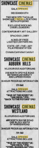 Showcase Cinemas Westland - OPENING AD DEC 2 1989